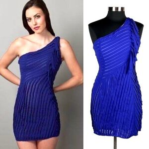 MINUET INDIGO ONE SHOULDER PLEATED FRINGE MINI DRESS